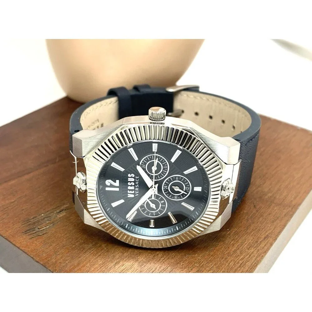 Versus by Versace Mens Watch VSP1P1121 Quartz Blue Gray Dial Silver Leather 42mm